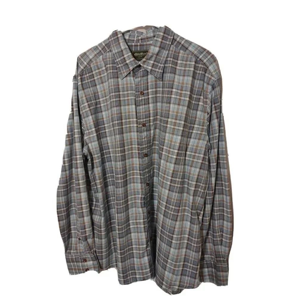 Eddie Bauer Men's L Blue Plaid Button Down Long Sleeve Shirt Size XL 100% Cotton